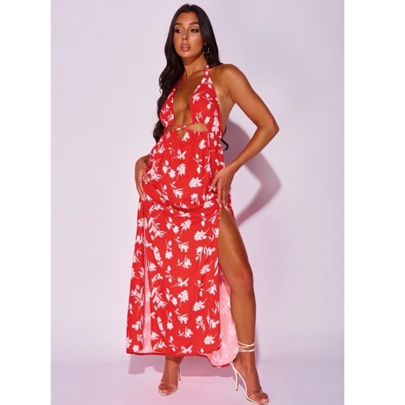Red Floral Print Sleeveless V-Neck Halter Neck Backless Cutout Slit Maxi Dress - Picture 9 of 16
